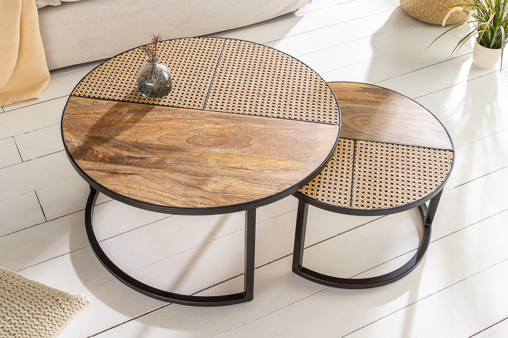 2er Set Couchtisch VIENNA LOUNGE 70cm rund Mangoholz massiv Wiener Geflecht Metall schwarz