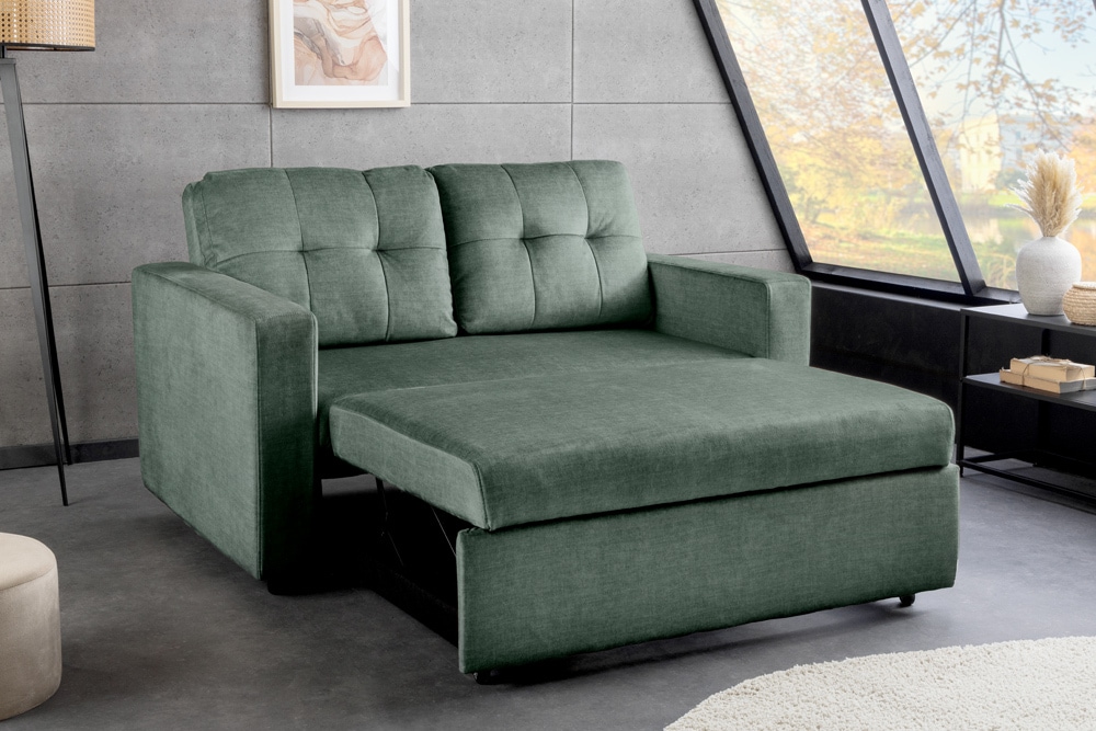 Sofa mit Schlaffunktion SMART moosgrün hochwertiger Vogue Seiden Samtstoff
