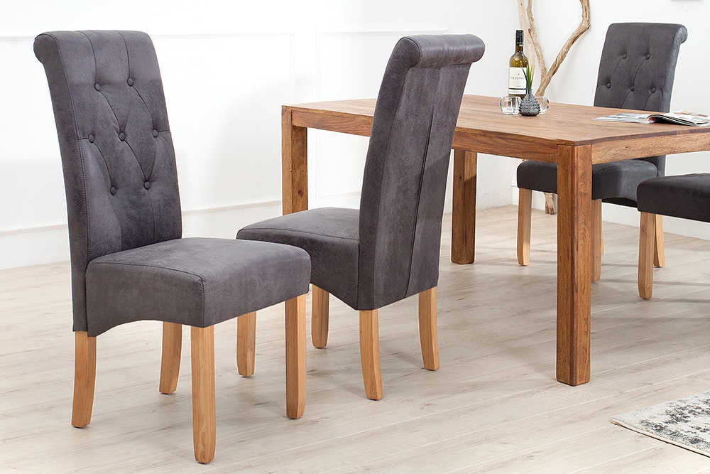 Edler Stuhl CASA vintage grau mit Zierknöpfen Massivholzbeine