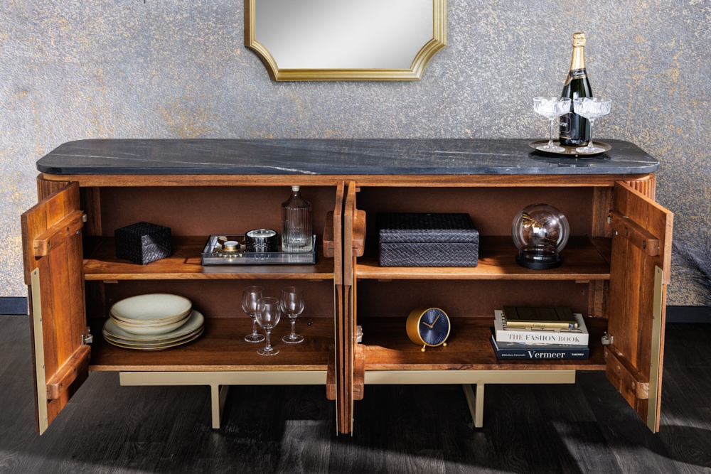 Design Sideboard GATSBY 160cm braun gold Mangoholz Marmor Metallgestell