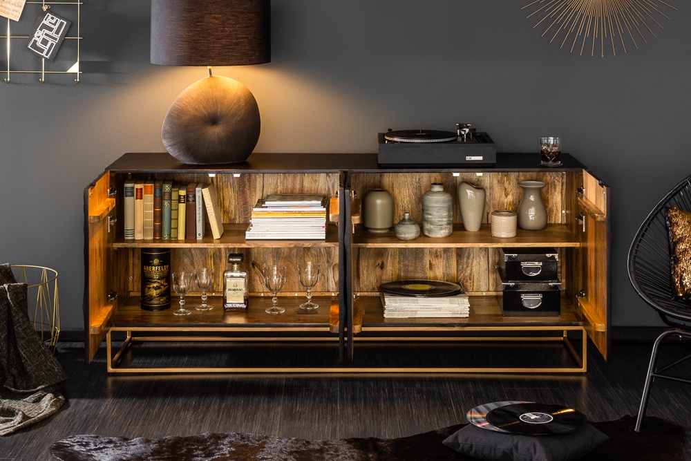 Massives Sideboard SCORPION 180cm schwarz Mangoholz aufwendige 3D Schnitzereien