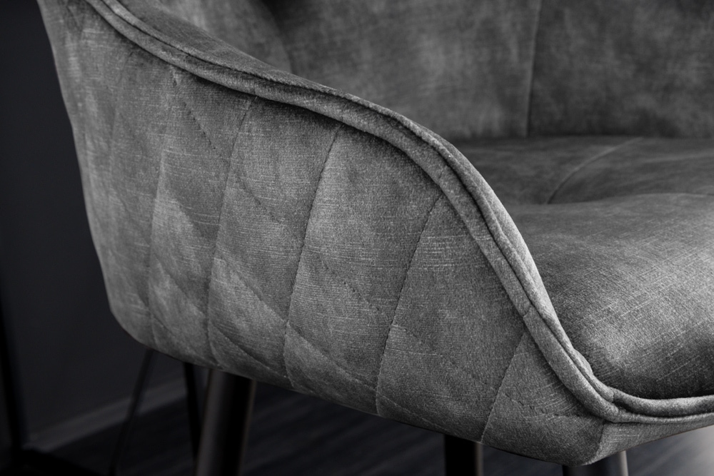 Design Barhocker EUPHORIA grau Samt schwarze Metallbeine Barstuhl mit Lehne