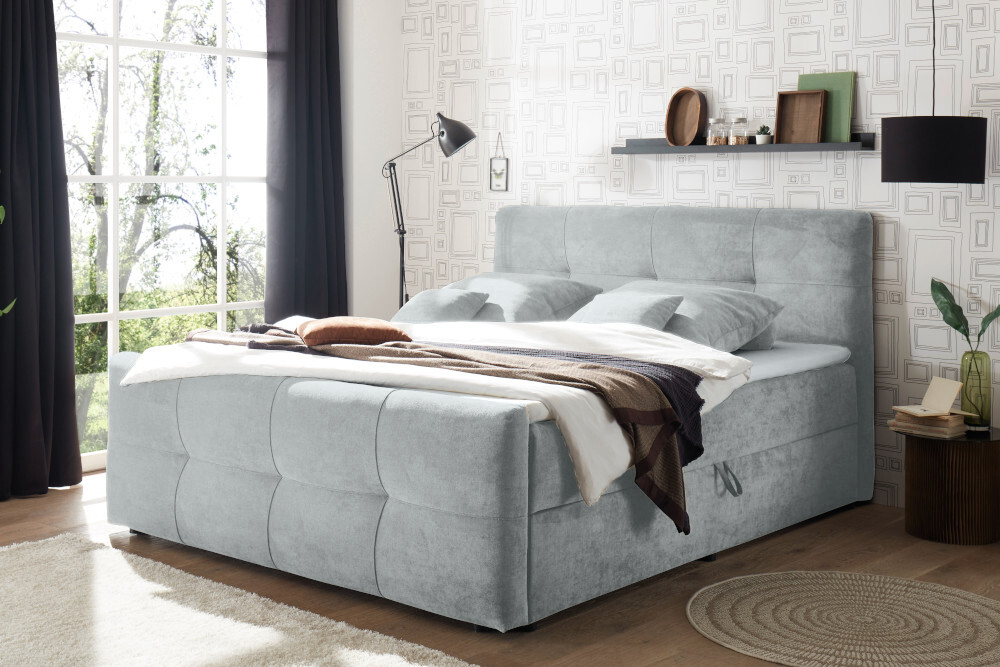 Modernes Boxspringbett TOULOUSE 160x200cm silbergrau inkl. Matratze Topper Stauraum
