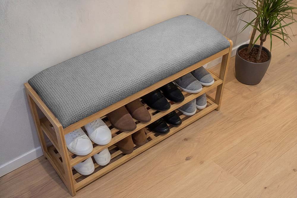 Stilvolle Schuhbank ZEN-BO 80cm natur grau Bambus Regal Sitzbank mit Stauraum