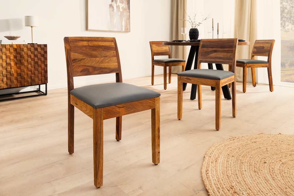 Massivholz Stuhl PURE braun stone finish dunkelgrau Sheesham mit Kunstlederbezug