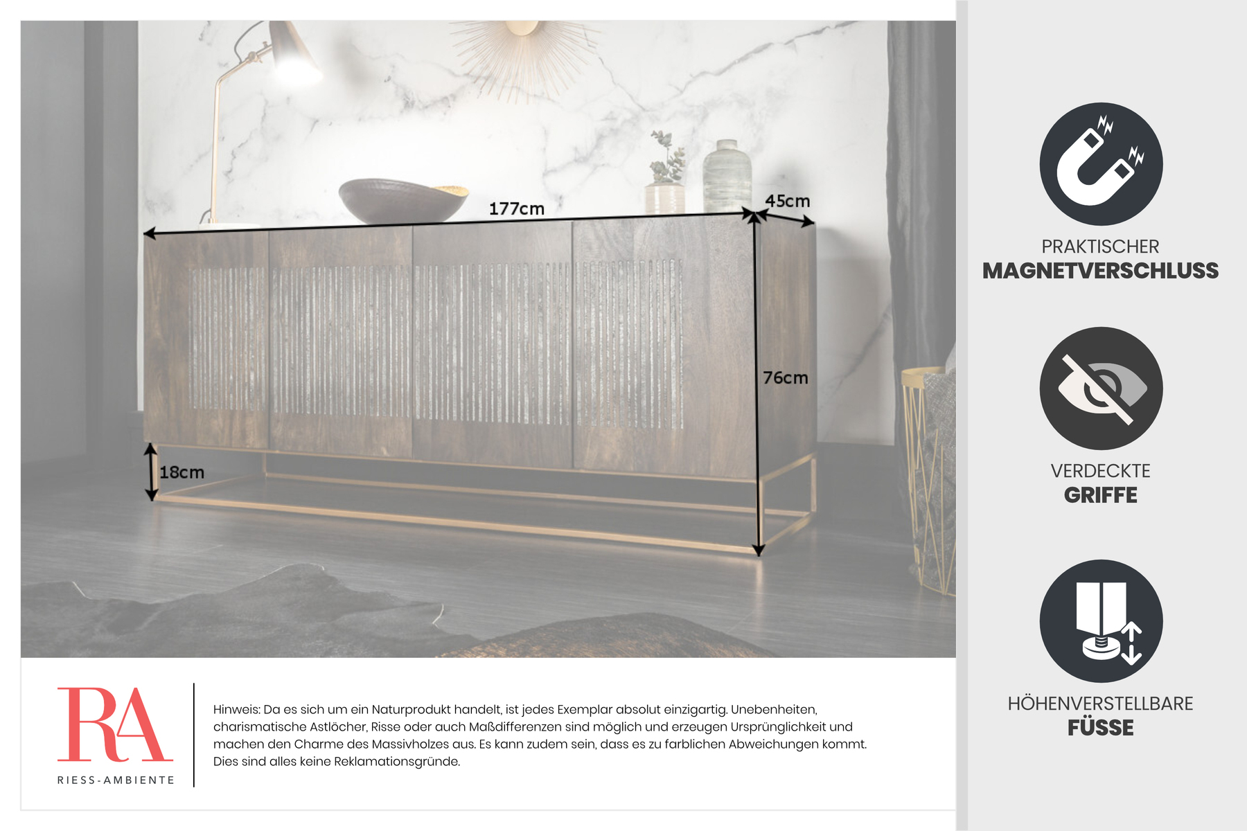 Massives Sideboard ONYX 180cm dunkelbraun Mangoholz Edelstein Achat gold Metallgestell