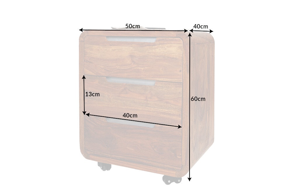 Massiver Rollcontainer CUBUS 60cm braun Sheeshamholz stone finish drei Schubladen