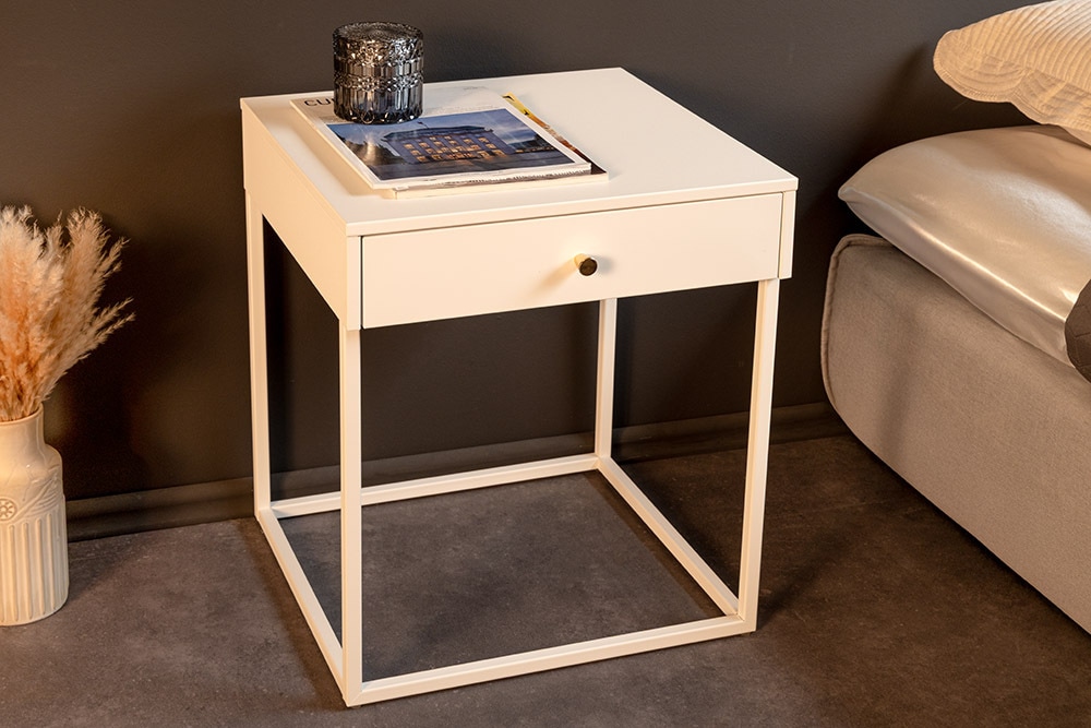 Industrial Beistelltisch SLIM LINE 50cm weiß Metall mit Schublade Nachttisch