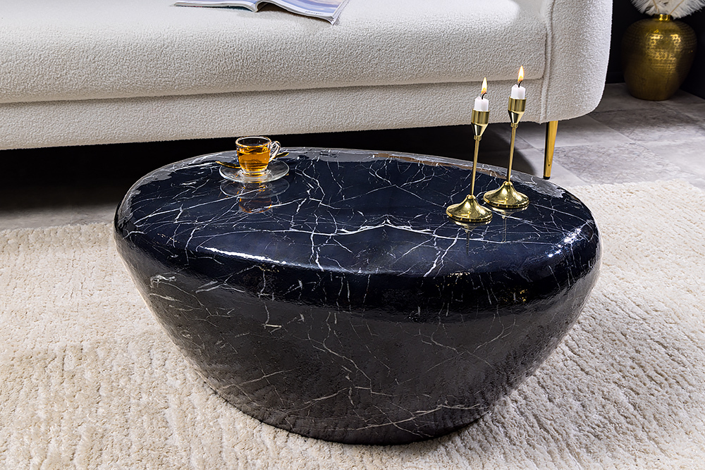 Handgefertigter Couchtisch STONE 75cm schwarz Marmor-Design Metall