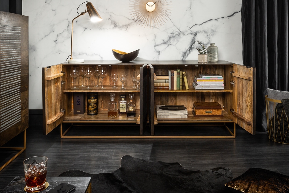 Massives Sideboard ONYX 180cm dunkelbraun Mangoholz Edelstein Achat gold Metallgestell