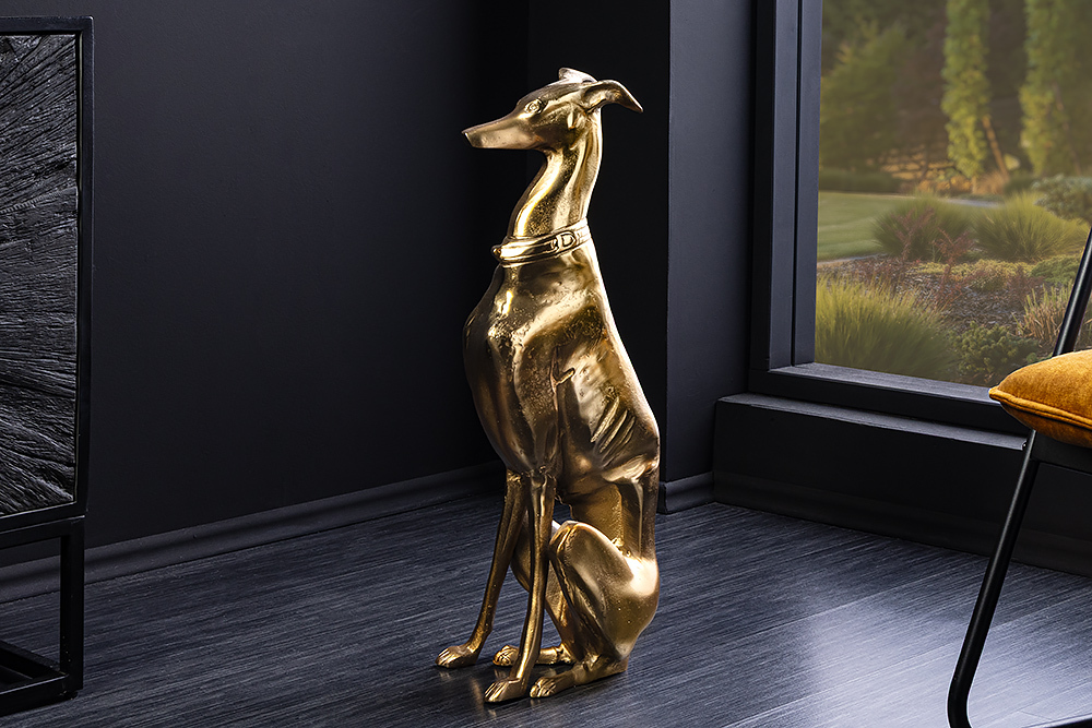 Design Skulptur GREYHOUND 70cm gold Metall Aluminium Windhund Figur