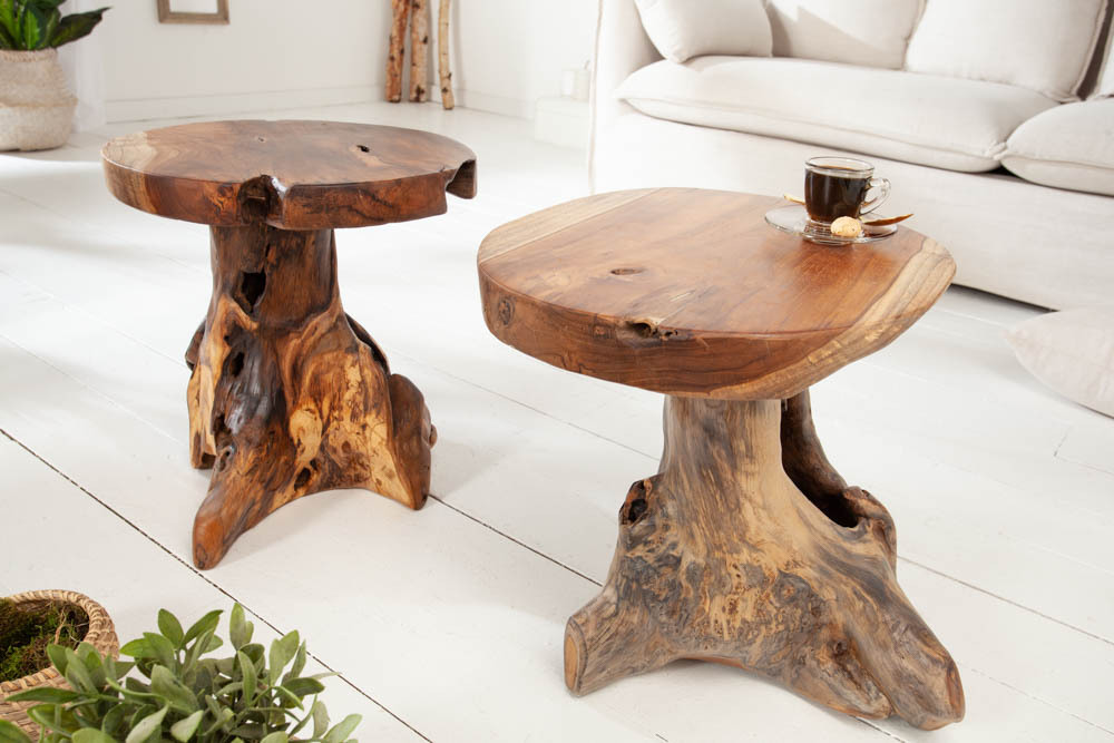 Massiver Beistelltisch ROOT 40cm Teakholz Hocker aus Wurzelholz