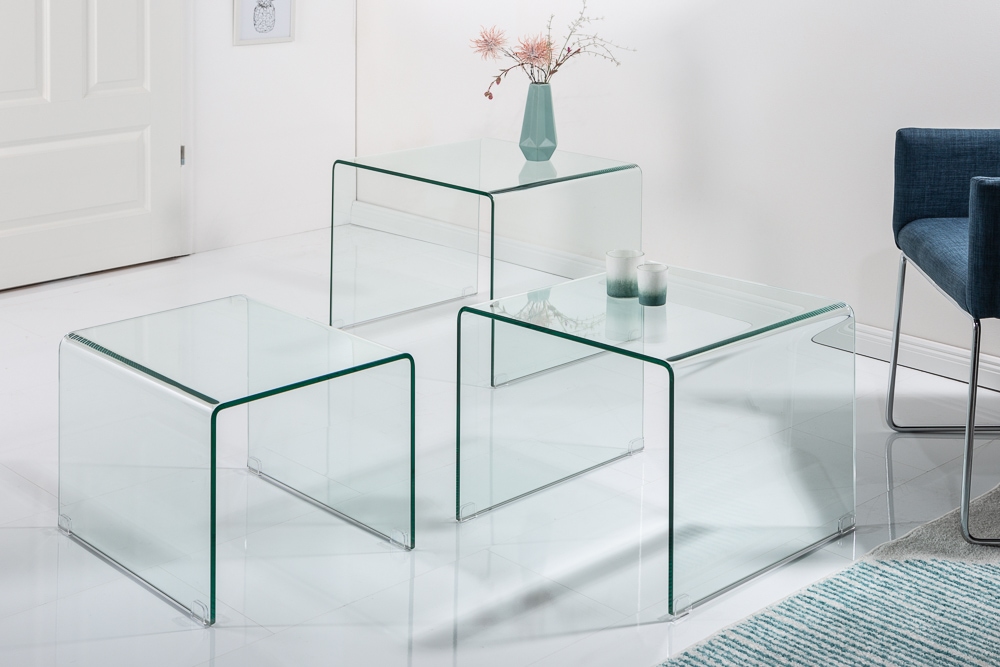 Design 3er Set Glas Couchtisch FANTOME 60cm Beistelltische transparent