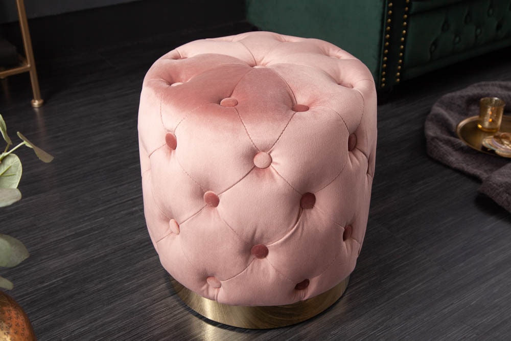 Eleganter Hocker MODERN BAROCK 40cm altrosa gold Samt Chesterfield Design