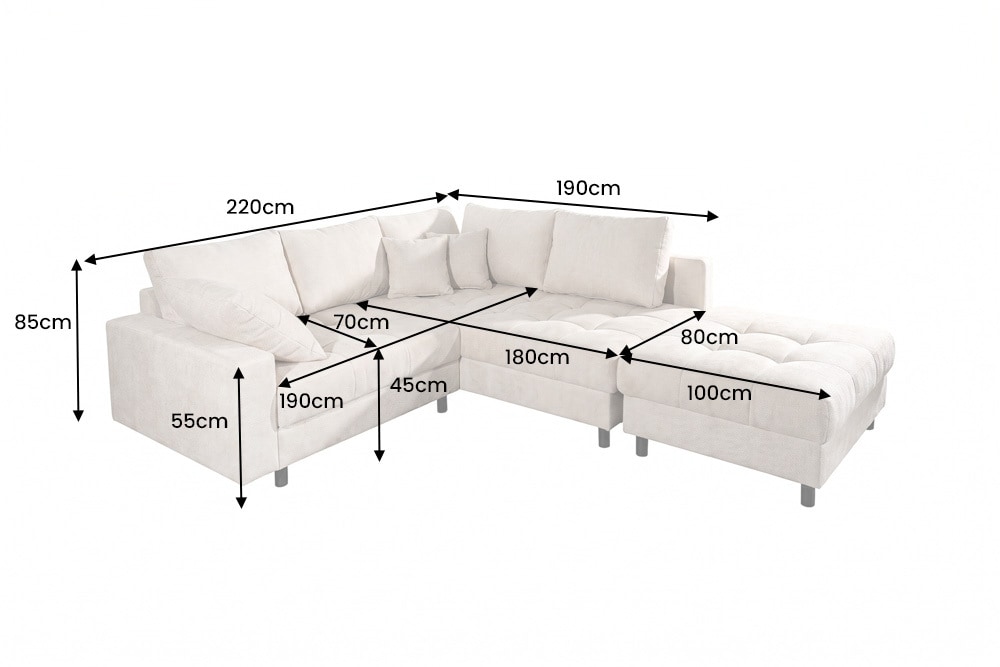 Ecksofa KENT 220cm champagner beige Chenille inkl. Hocker Federkern Wohnlandschaft
