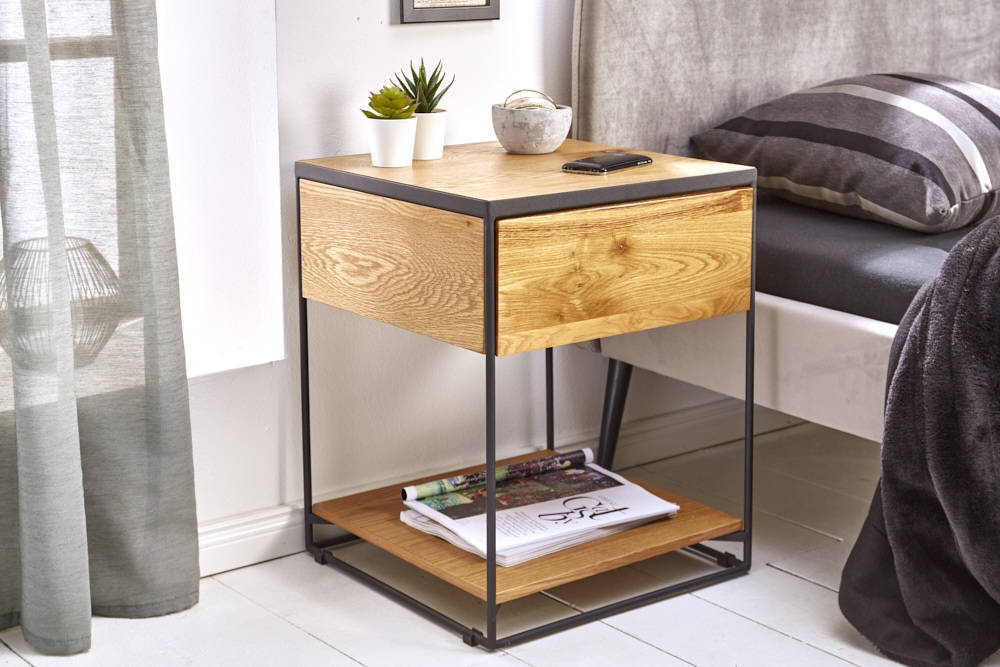 Moderner Beistelltisch SCORPION 50cm Wildeichen-Design Metall Nachttisch mit Schublade