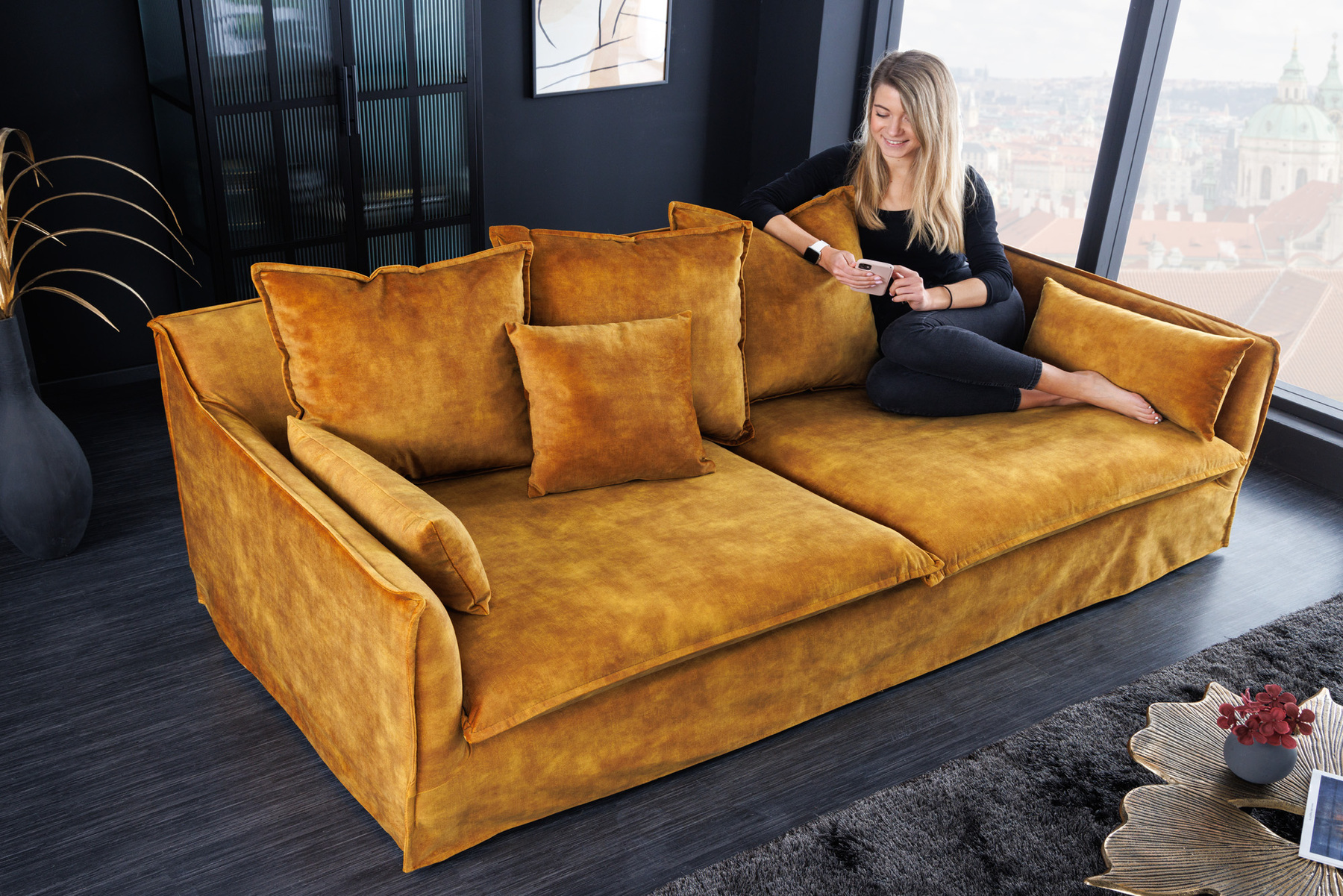 Großes 3-Sitzer Sofa HEAVEN 200cm senfgelb Samt Federkern waschbarer Bezug Hussensofa Couch