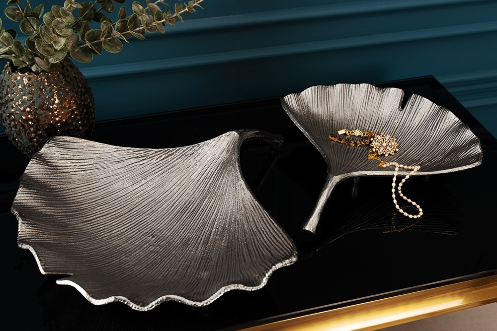 Dekorative Schale GINKGO 45cm silber handmade Metall