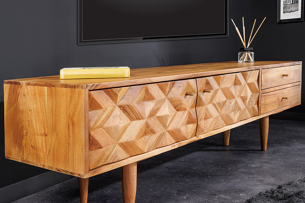 Massivholz TV-Lowboard ALPINE 145cm natur Akazie Retro Design honey finish Massivholz TV-Lowboard ALPINE 145cm natur Akazie Retro Design honey finish