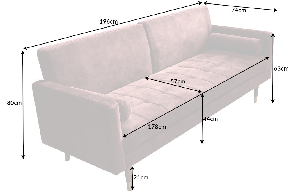 Modernes Schlafsofa COUTURE 200cm altrosa Microvelours 3-Sitzer Couch mit Schlaffunktion