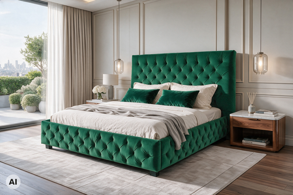 Design Boxbett PARIS 180x200cm dunkelgrün Samt Chesterfield Doppelbett