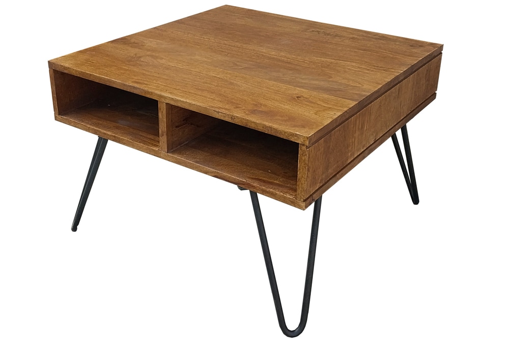 Massiver Couchtisch SCORPION 60cm braun honey finish Mangoholz mit Hairpin Legs