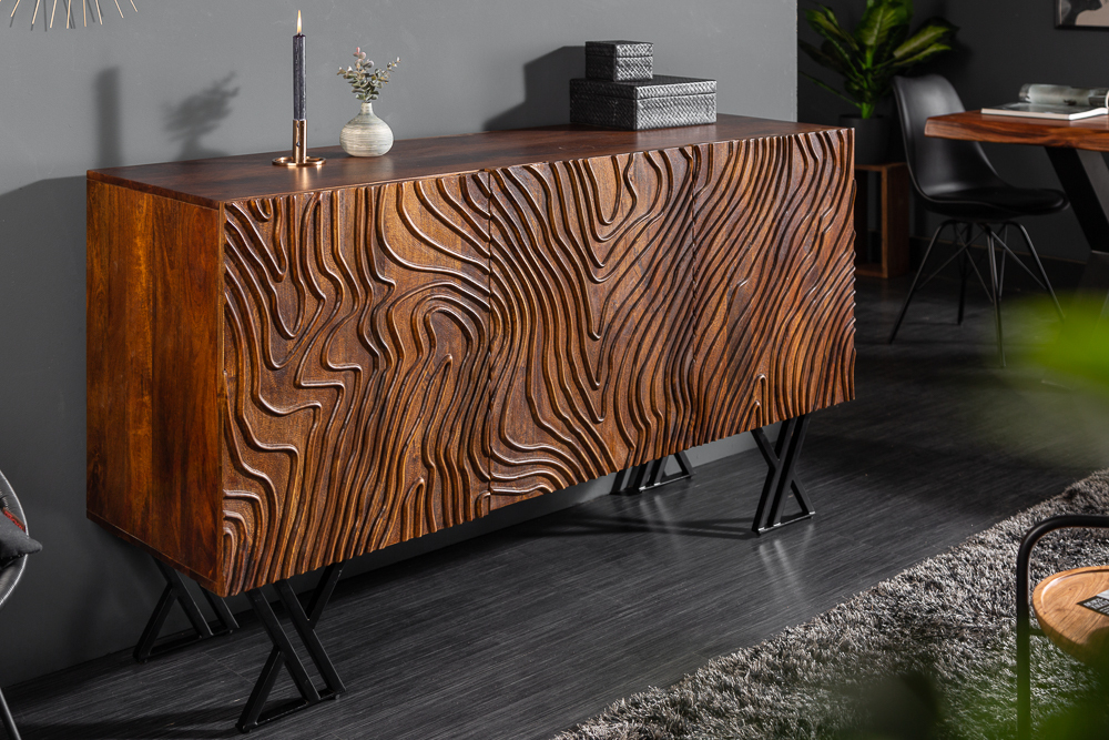 Handgearbeitetes Sideboard FLUID 160cm Mangoholz mit aufwendigen 3D Schnitzereien