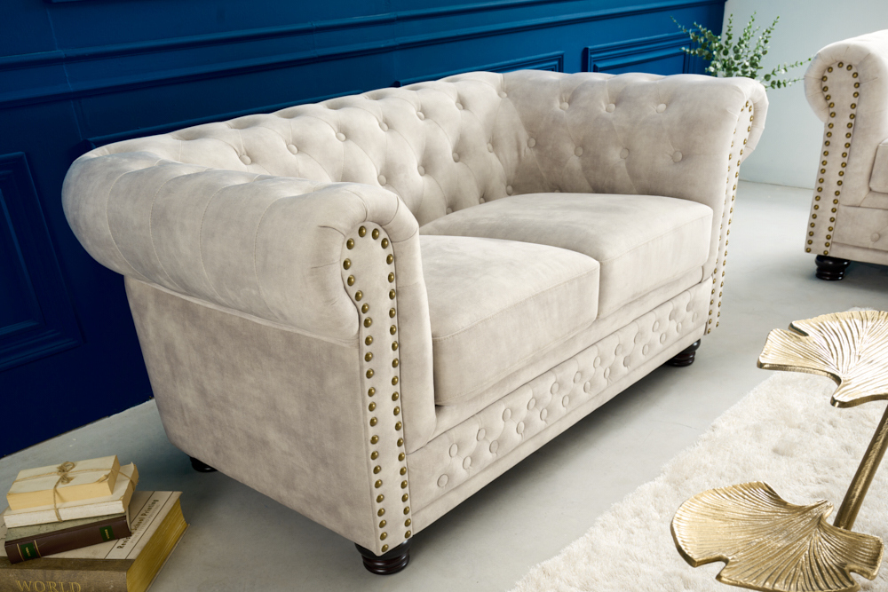 Chesterfield 2-Sitzer Sofa 150cm champagner beige Samt Federkern Knopfheftung