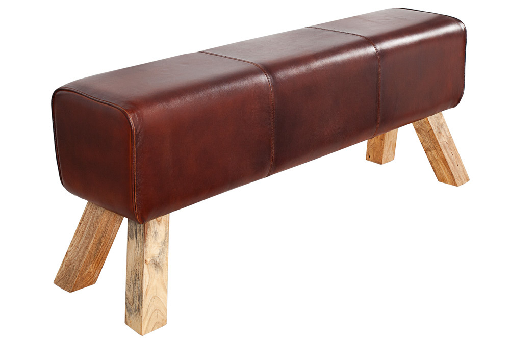 Retro Sitzbank TURNBOCK 120cm mit Echtleder Bezug Mangoholz Bank
