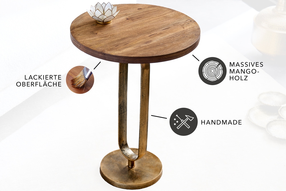 Runder Beistelltisch ELEGANCE 60cm messing Mangoholz Metall Aluminium massiv handmade