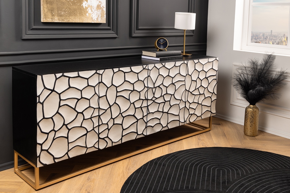 Massivholz Sideboard VULCANO 180cm weiß schwarz Mangoholz mit 3D Schnitzereien handmade Metallgestell gold