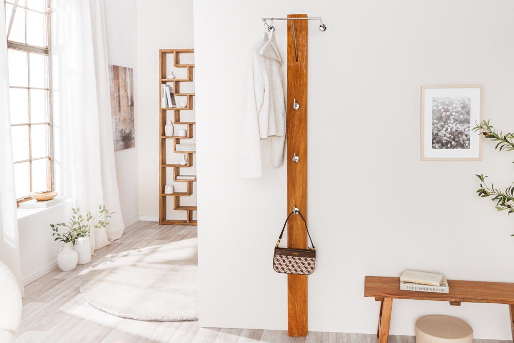 Massive Wandgarderobe JAVA 185cm recyceltes Teakholz mit drei Kleiderhaken