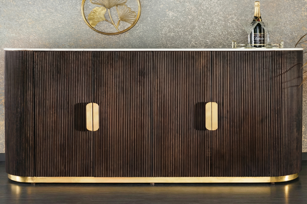 Design Sideboard GATSBY 170cm braun gold Mangoholz weiße Marmorplatte