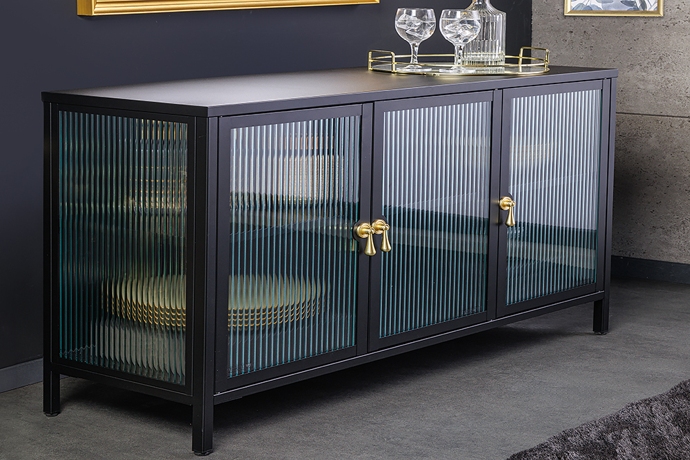 Modernes Sideboard AMSTERDAM 105cm schwarz gold Riffelglas Metall Vitrine Schrank