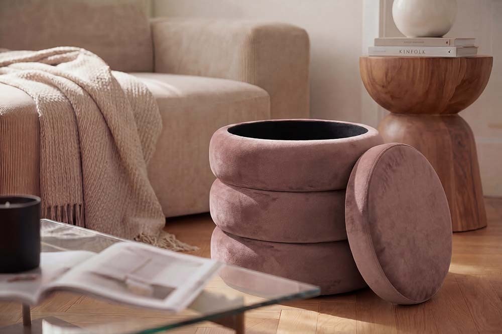 Runder Polsterhocker VOGUE 40cm rosa Samt mit Stauraum
