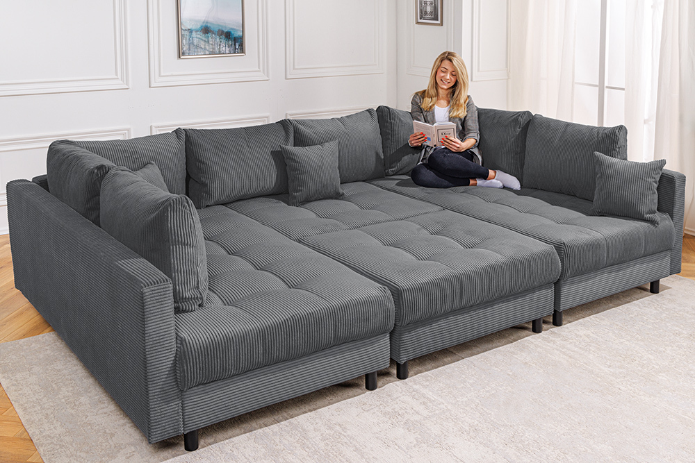 Moderne XXL Wohnlandschaft KENT 305cm anthrazit Cord Bigsofa inkl. Hocker Federkern