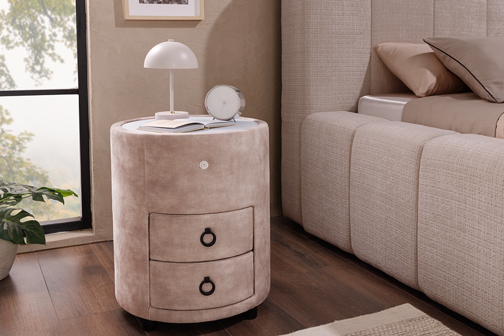 Runder Nachttisch SIGNUM 55cm champagner beige Vogue Seiden Samtstoff inkl. Beleuchtung