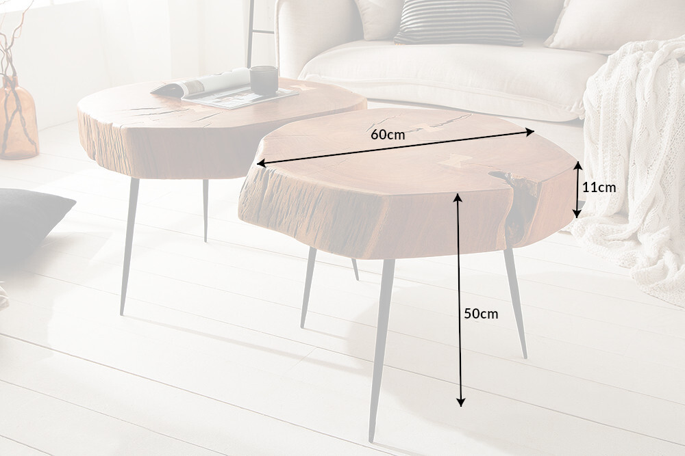 Runder Couchtisch GOA 60cm Akazie Massivholz Baumstamm schwarze Metallbeine