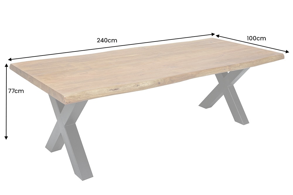 Massivholz Esstisch MAMMUT 240cm natur Akazie X-Gestell schwarz Metall Baumkante