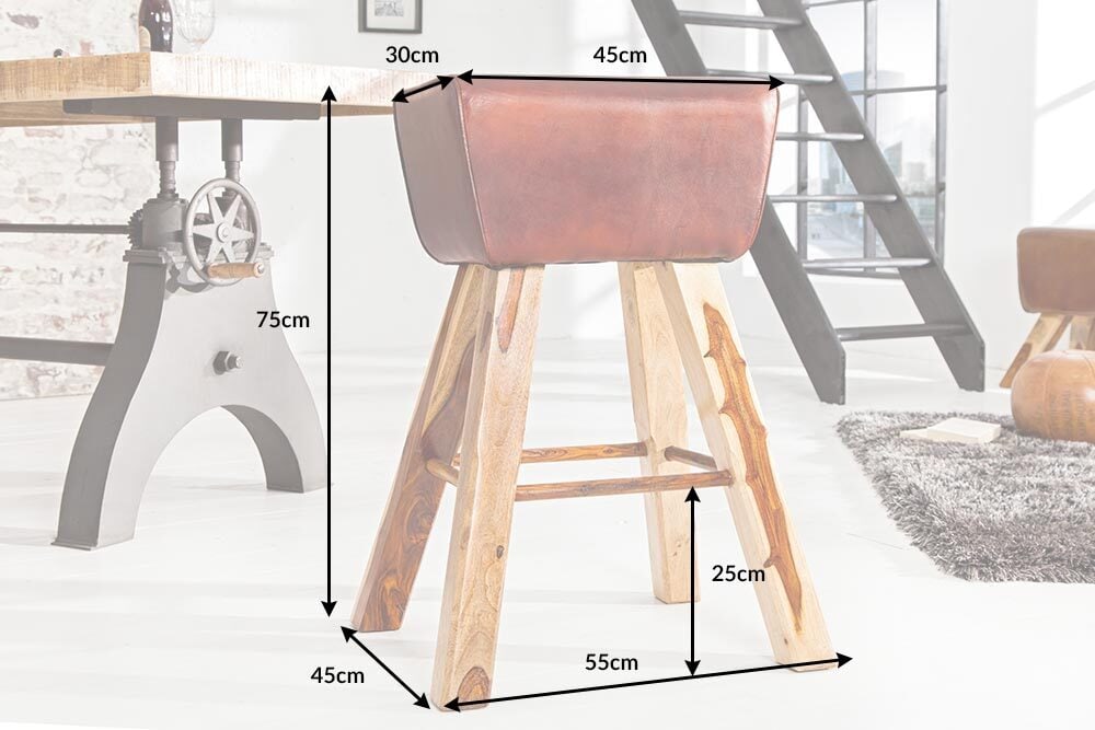 Retro Barhocker TURNBOCK 75cm mit Echtleder Bezug Mangoholz Barstuhl
