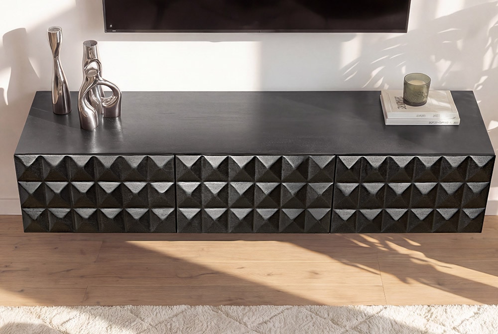 Hängendes TV-Lowboard VULCANO 160cm schwarz Mangoholz massiv