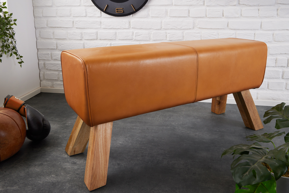 Design Sitzbank TURNBOCK 100cm cognac Echtleder Mangoholz Retro Sitzhocker
