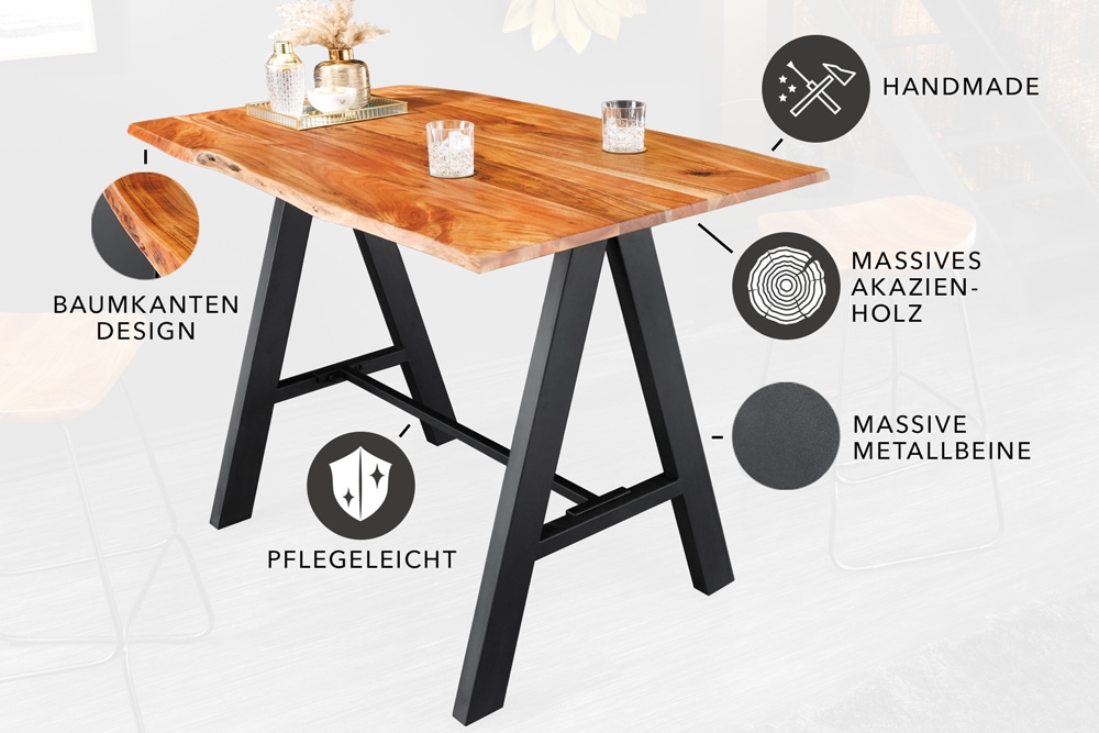 Massivholz Bartisch MAMMUT 120cm natur Akazie Baumkante Metall schwarz mit Fußablage