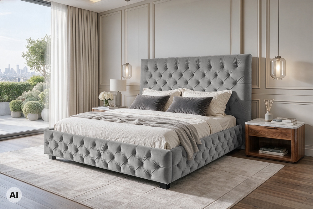 Design Doppelbett PARIS 180x200cm silber grau Samt Chesterfield Design Doppelbett PARIS 180x200cm silber grau Samt Chesterfield