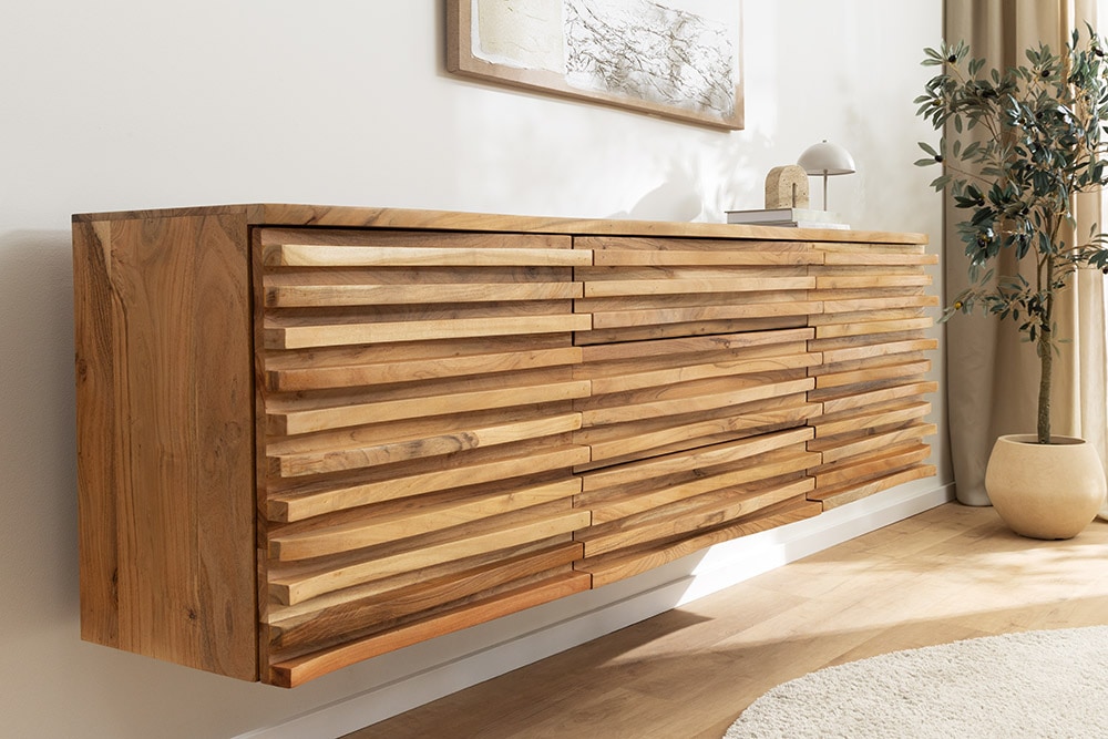 Hängendes Sideboard RELIEF 175cm natur Akazie Massivholz mit Schubladen