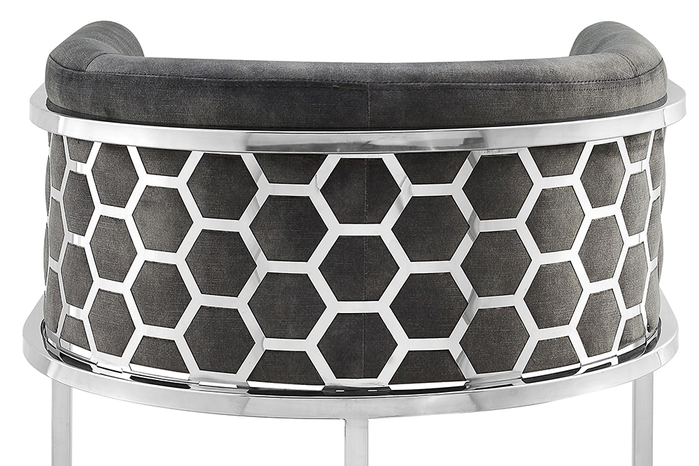 Stilvoller Barhocker ELEGANCE grau Samt silber Edelstahl mit Armlehne und Fußablage