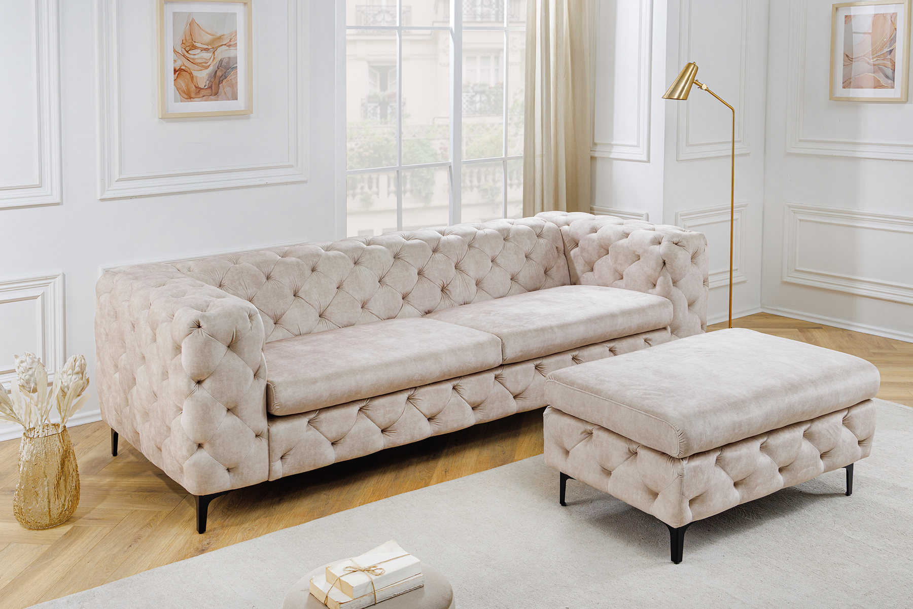 Chesterfield 3-Sitzer Sofa MODERN BAROCK 235cm champagner beige Samt Federkern