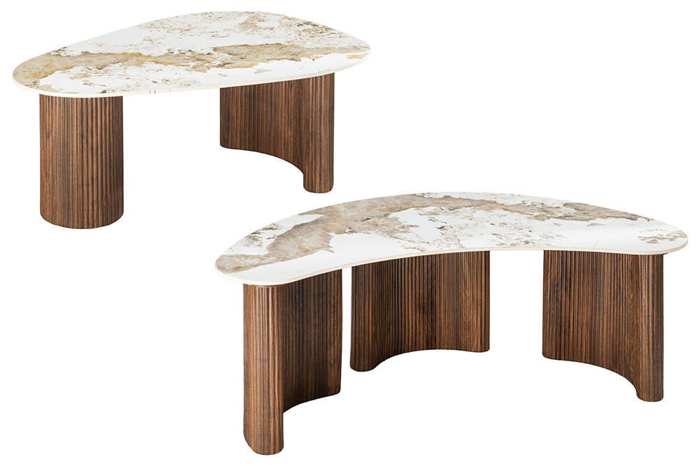 2er Set Couchtische OSAKA 120cm weiß Pandora Keramik Walnuss