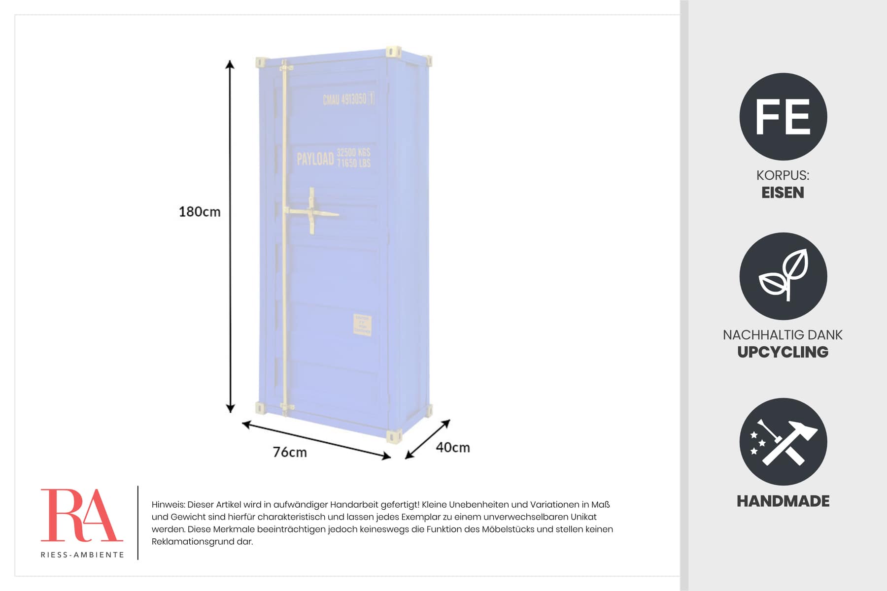 Design Aktenschrank GLOBETROTTER 180cm blau Eisen Container Upcycling Industrial