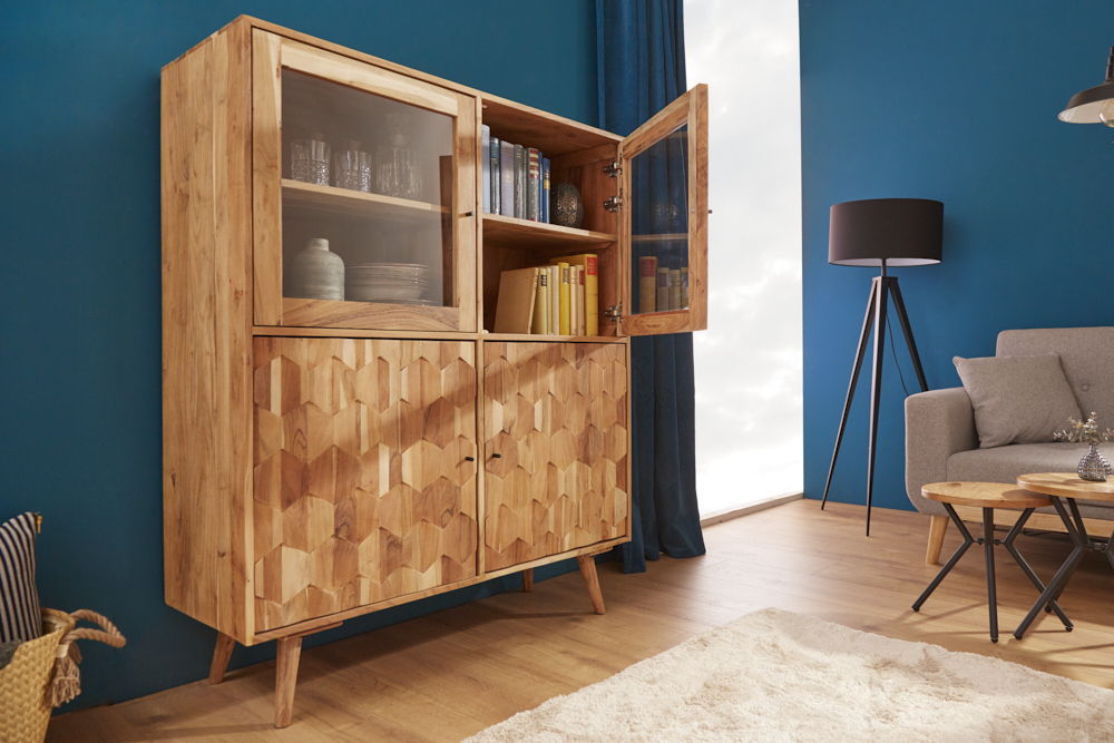 Massivholz Highboard MYSTIC LIVING 140cm Akazie natur Vitrine 3D-Oberfläche Massivholz Highboard MYSTIC LIVING 140cm Akazie natur Vitrine 3D-Oberfläche